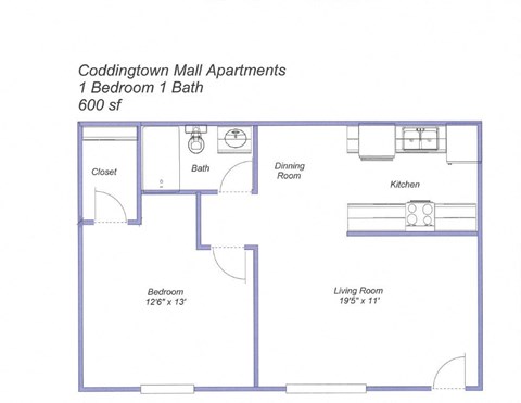 Floor plan for 1 bed, 1 bath, 600 sqft